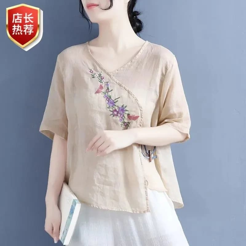 Camicetta da donna in lino stile cinese con ricamo floreale, scollo a V, mezza manica, top casual