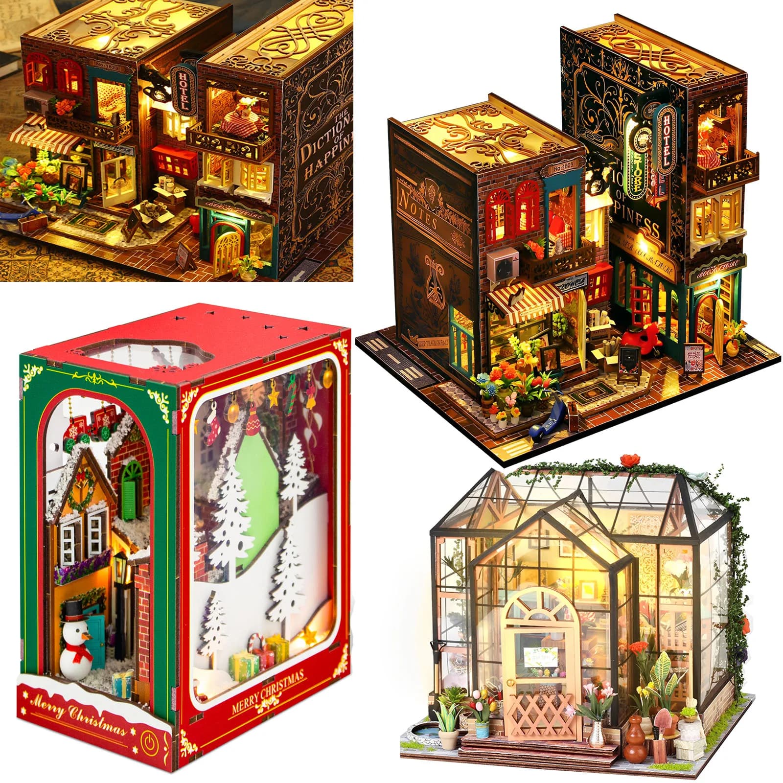 Kit angolo per libri Angolo per libri in serra Kit modello fermalibri per casa delle bambole fai-da-te Puzzle in legno a luce LED per decorazioni per scaffali Regali di Natale