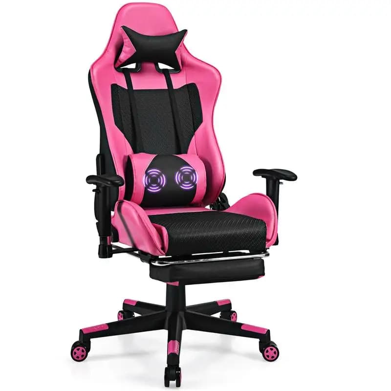 Sedia da Gaming in Pelle PU con USB, Massaggio, Cuscino Lombare e Poggiapiedi - Rosa