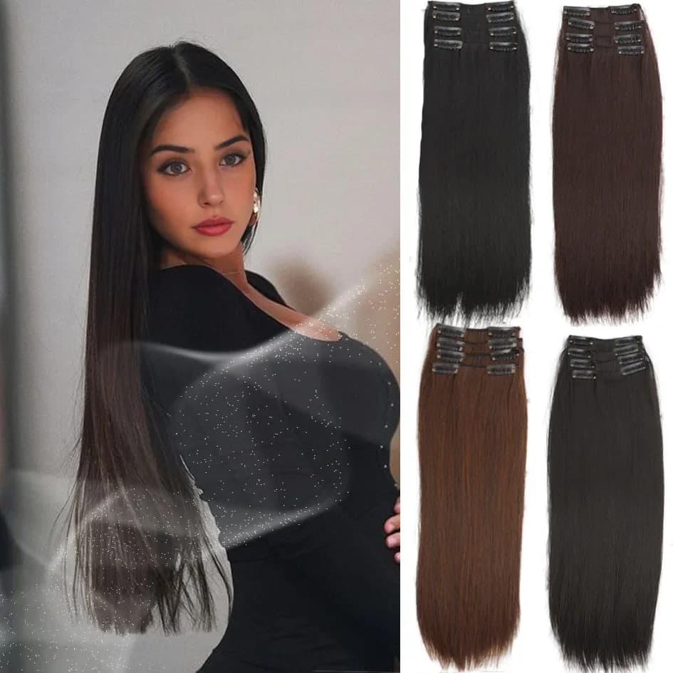 4 synthetic extensions for smooth hair in four pieces for women from 16 inch/20 inch/24 inch, black/brown wig, suitable for everyday use