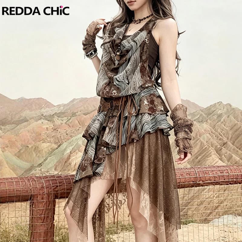ReddaChic Retro Boho Irregular Dress Set Cowl Neck Printing Halter Dress Patchwork Lace Long Skirt Holiday Women Summer Clothes