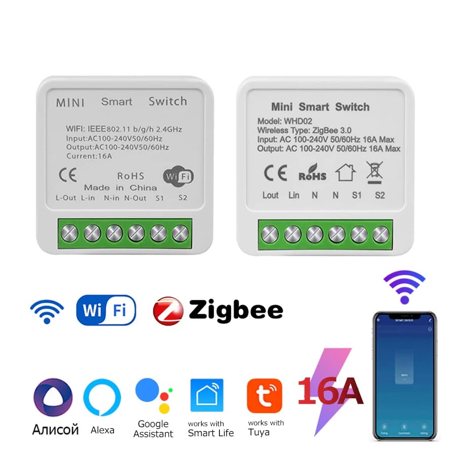 Tuya ZigBee WiFi Smart Switch Interruttore di controllo a 2 vie Relè 220V 110V 16A Vita intelligente APP Controllo vocale con Alexa Google Home