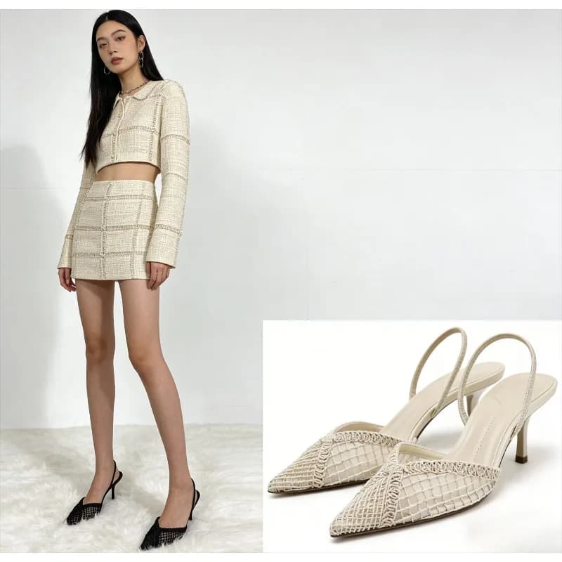 Eleganti Scarpe da Donna Nere con Tacco Alto Sottile, Punta Affusolata e Rete Intrecciata, Sandali Comodi di Design