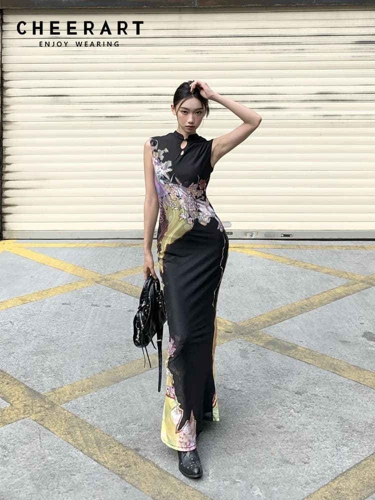 CHEERART Vinatge Abiti lunghi senza maniche 2025 Donna Cheongsam floreale Tuniche Aderente Donna Midi Abito a sirena Abiti estivi