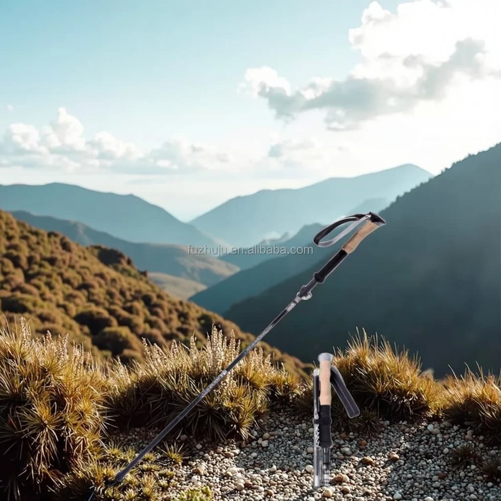 5 sections lightweight telescopic folding trekking pole in neutral aluminium alloy for hiking, climbing equipment for outdoor adventures