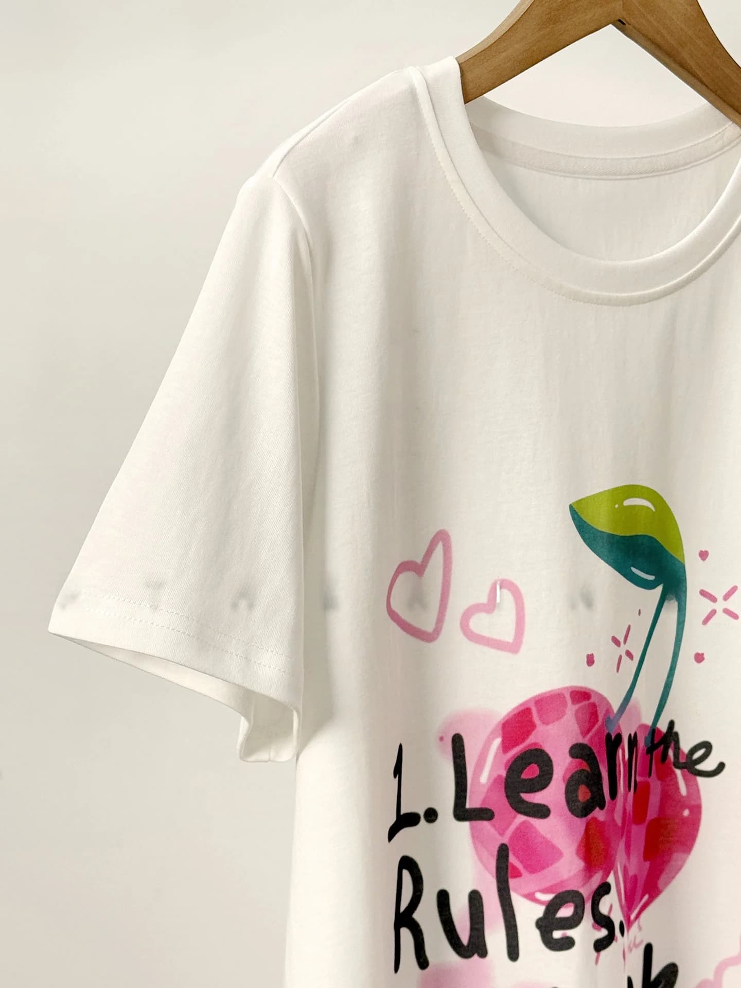 PTHERINE Summer Casual Cherry Painted Short Sleeve Top Versatile Cotton Blend Comfortable Loose Fit round Neck T-Shirt