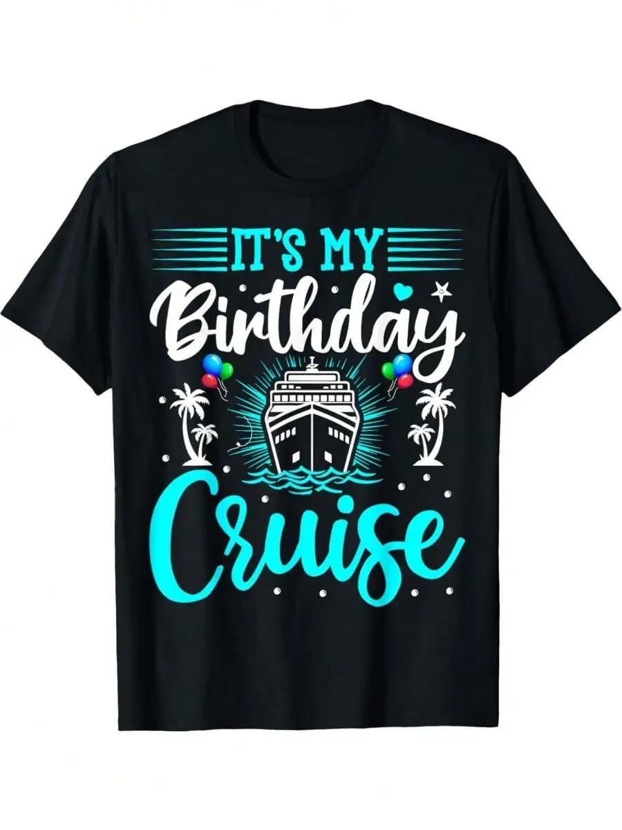 Men s Plus Size Oversized (S-5X) Birthday Cruise T-Shirt - Black Loose Fit Short-Sleeve Shirt With Fun Cruise Print (Boats_Parties), Breathable S