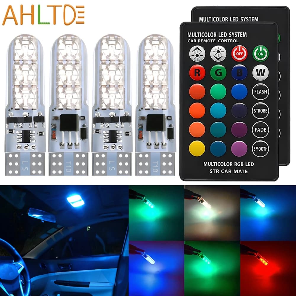 4X Lampadina per atmosfera di segnale per auto T10 5050 6SMD 12V Impermeabile W5W Telecomando RGB 194 168 Lampada laterale a cuneo in silicone con luce di cupola