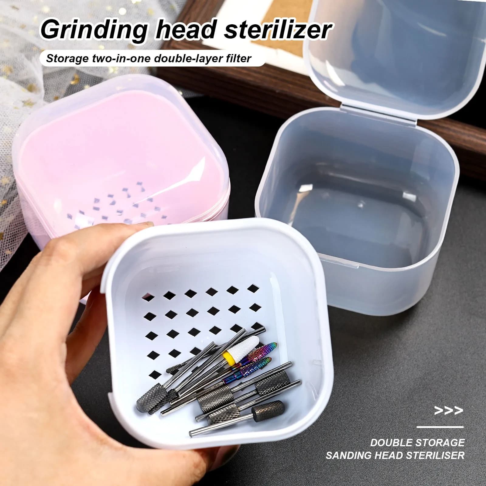 1PC square double layer filtering drill bits for nail art cleaning box tips for nails tools storage box manicure sterilization also