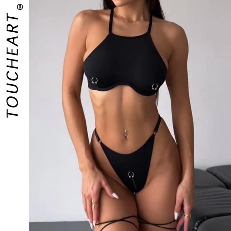 Toucheart Bikini da donna con decorazioni in metallo Triangolo tinta unita Modellatura del corpo Kit costume da bagno diviso intimo delicato per il tempo libero a vita alta