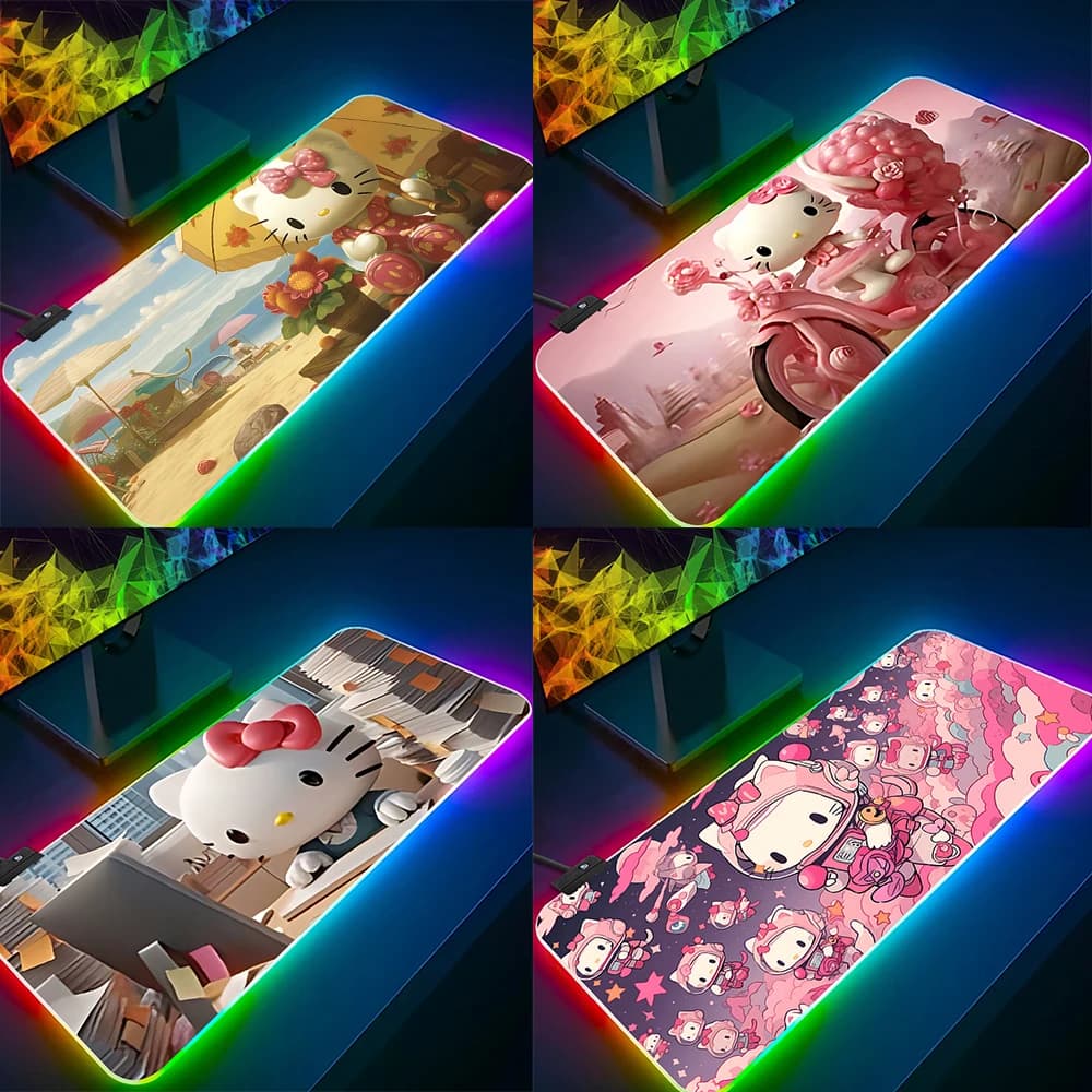 Cute Anime Hello kitty RGB Pc Gamer tastiera Mouse Pad Mousepad LED incandescente Mouse Mats gomma Gaming Computer Mausepad