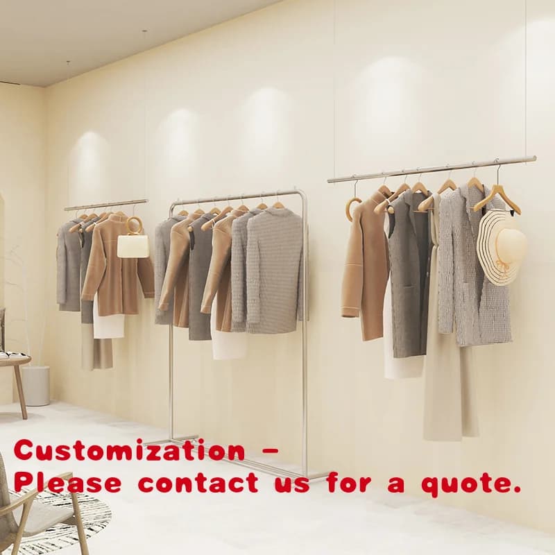 Espositore Personalizzato Kainice per Negozio di Abbigliamento, Scaffale Autoportante in Acciaio Inox, Appendiabiti da Parete