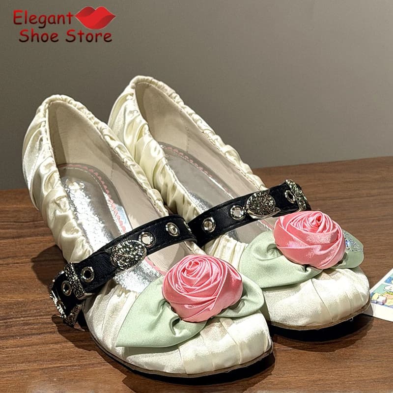 Rose Decor Satin Pleated Pumps for Women Sweet Round Toe Shallow 5CM Thin High Heels Summer New Party Wedding Dress Shoes