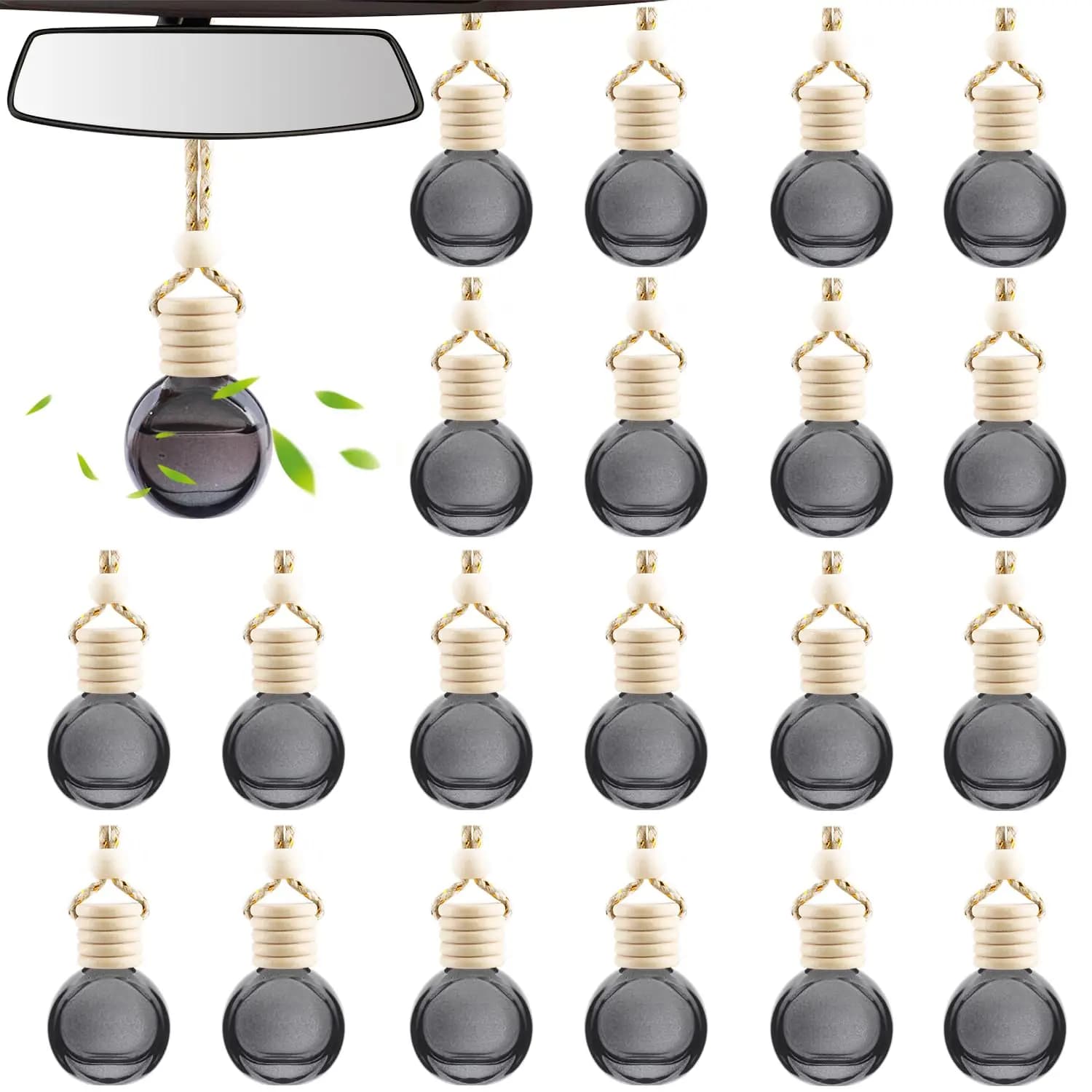 20pcs Black Glass Hanging Car Air Freshener Diffusers With Wooden Cap And Rope For Vehicle Interior Fragrance Decor