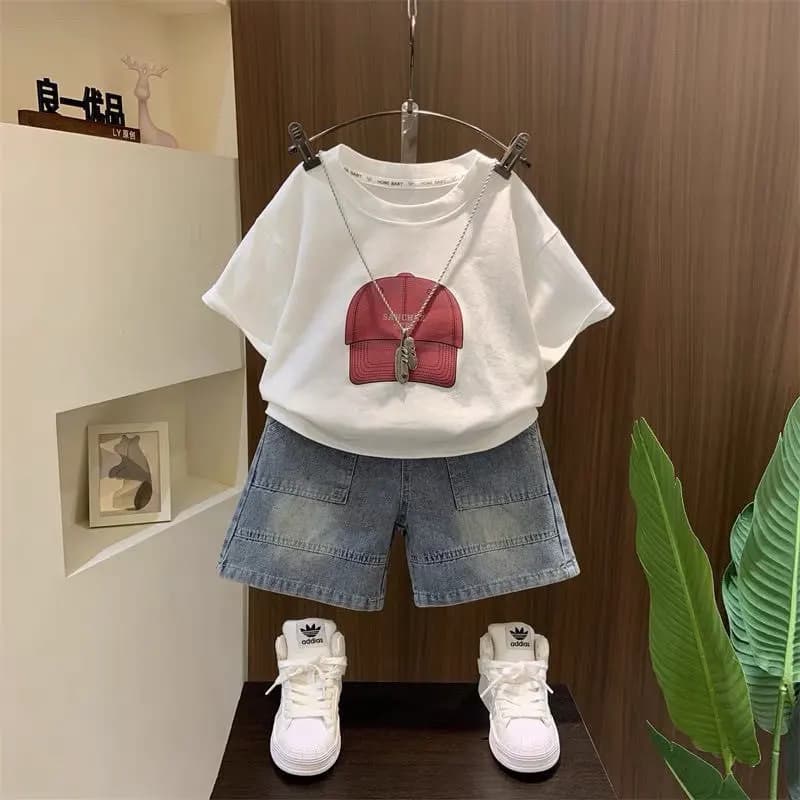 Set estivo da 2 pezzi per ragazzi, t-shirt a maniche corte sottile e pantaloncini in denim, per bambini da 90 a 150 cm