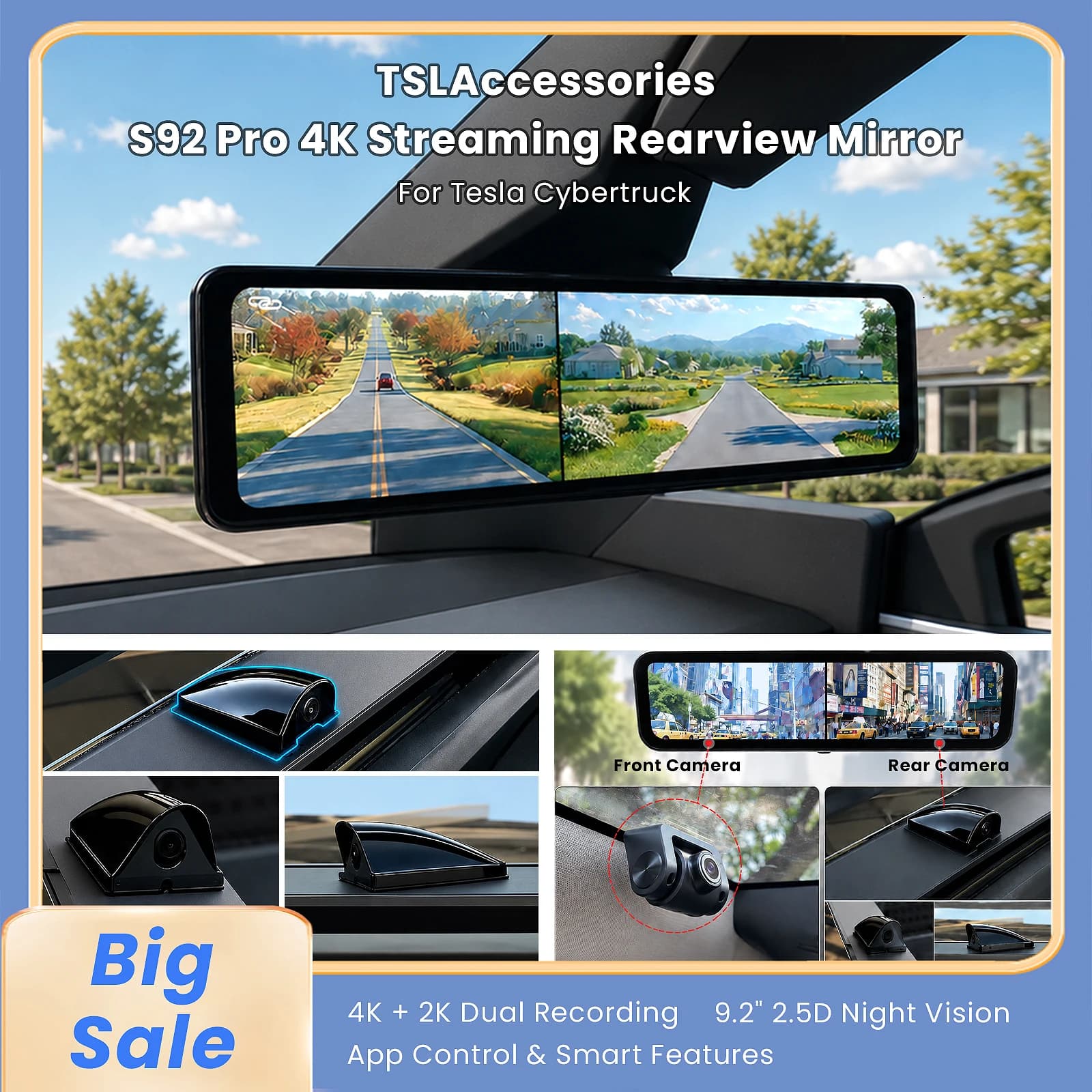 Newest Dual Camera Dash Cam Stream for Tesla Cybertruck 9.2" HD Streaming Rearview Mirror Auto Video Recorder Night Vision WiFi