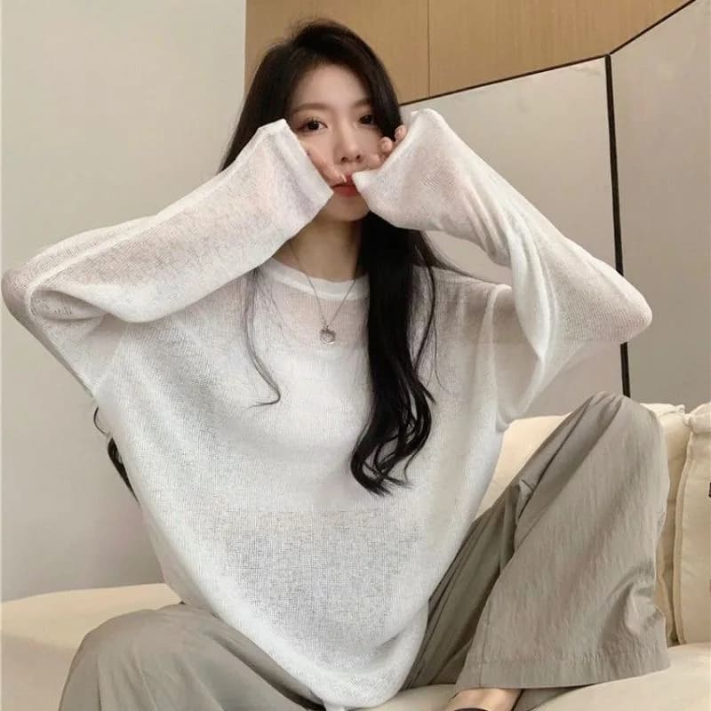 Thin Long Sleeve T-Shirt Women's Loose Casual Stylish Sun Protection Base Shirt Trendy Round Neck Pure Color Commute Harajuku