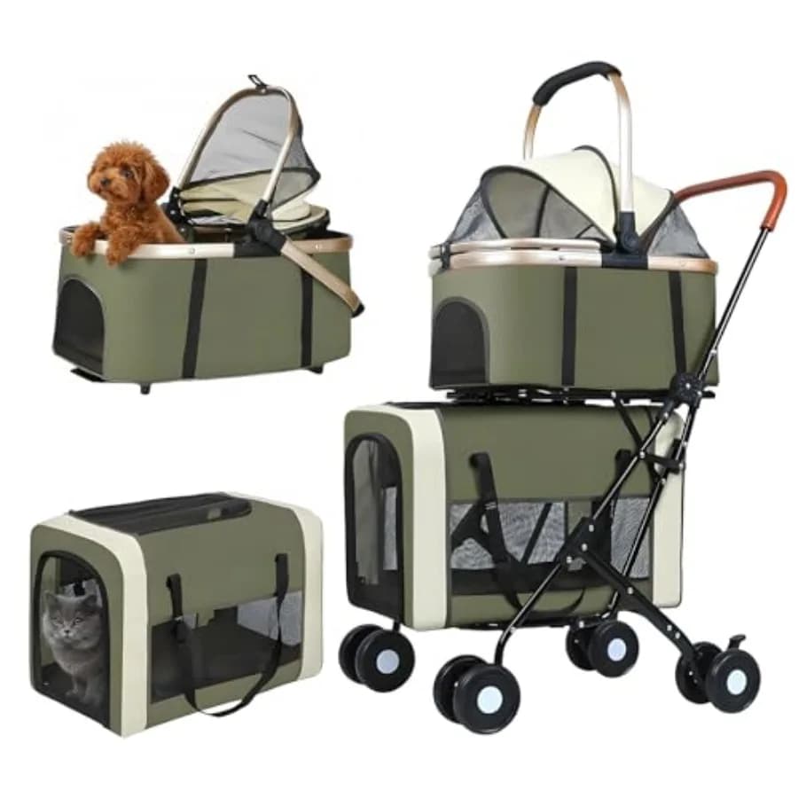 Passeggino Doppio per Cani e Gatti: Telaio in Alluminio Leggero, Nero/Grigio, Pieghevole in un Solo Passo, 2 Borse Trasportabili Staccabili, 4 L