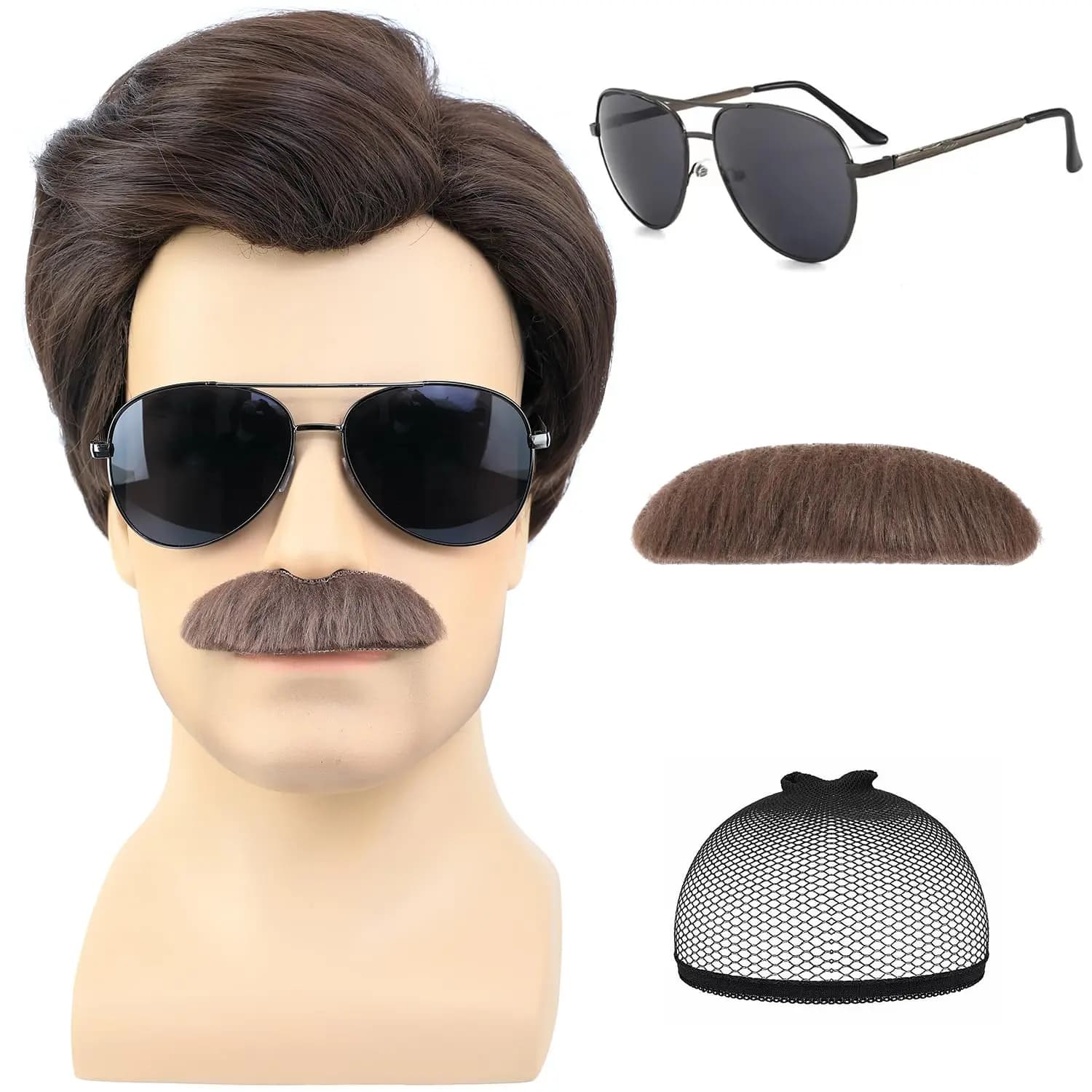Brown Men's Short Synthetic Wig With Sleeves And Sunglasses For Cosplay Costume 70's And 80's Halloween Party, Ted Lasso Cosplay Wig