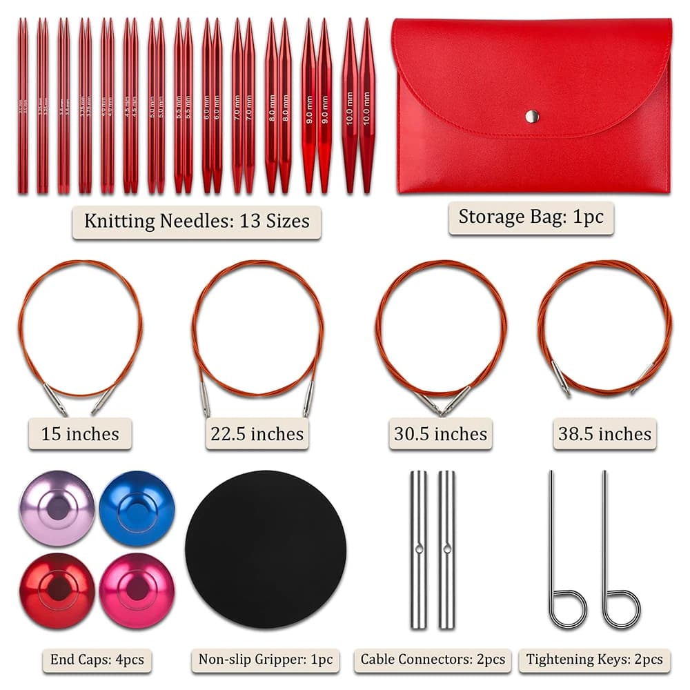 Set di ferri da maglia circolari intercambiabili da 10 cm - 13 paia di ferri da maglia e accessori in alluminio rosso premium da 3,0 mm-10,0 mm