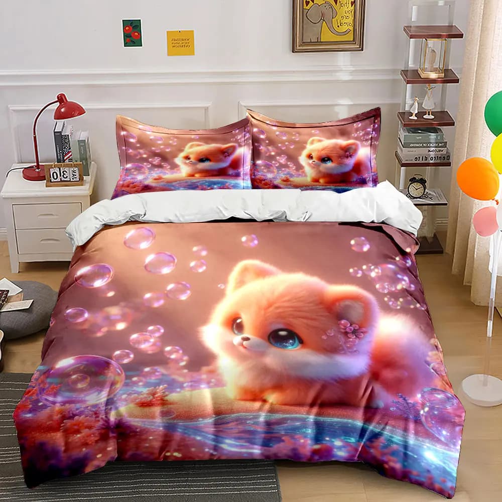 Set copripiumino con stampa di creature carine e bolle sognanti, 1 copripiumino + 2 federe, decorazioni per la camera da letto in diverse misure