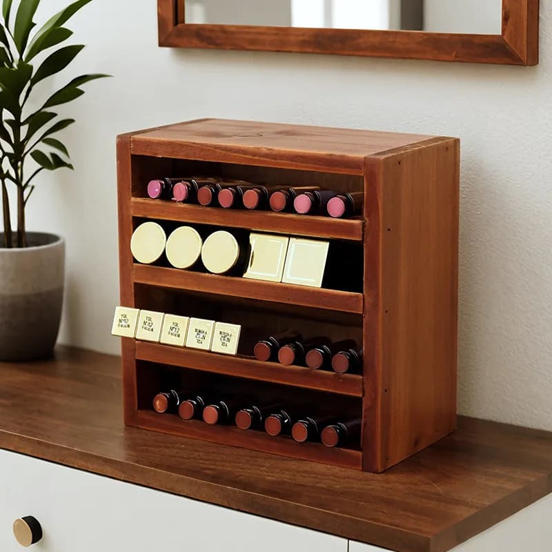 Solid wood lipstick storage box, retro multi-layer desktop lipstick display rack, eyeshadow sample, cosmetics finishing rack