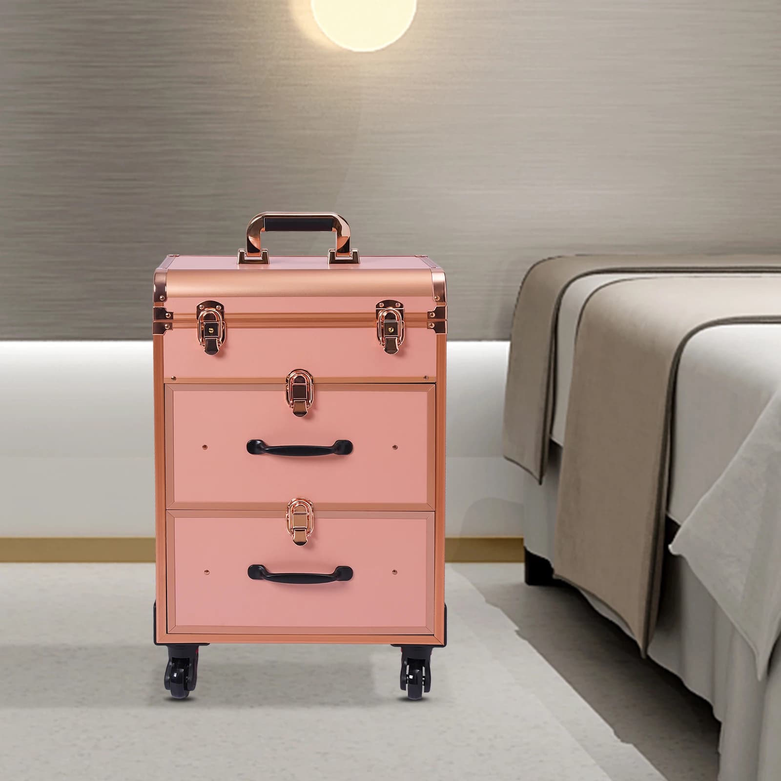 Valigia Trucco Professionale con Ruote, Grande Trolley Cosmetico con Serrature e Divisori, Telaio in Lega di Alluminio, Ruote Universali Satinate, Manico Retrattile