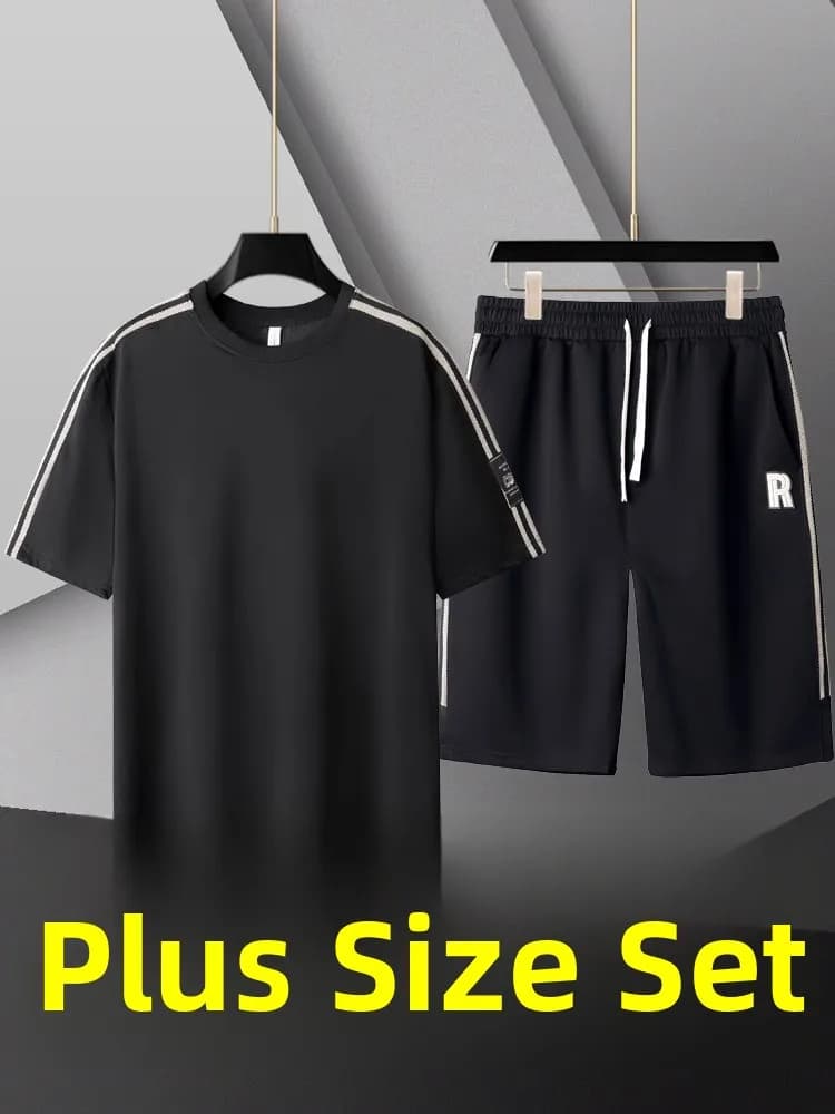 plus Size Men's Summer ort Sve T-irt orts Set Striped Knitted Casual Sportswear Two-Piece Suit Big Size Polyester Fiber