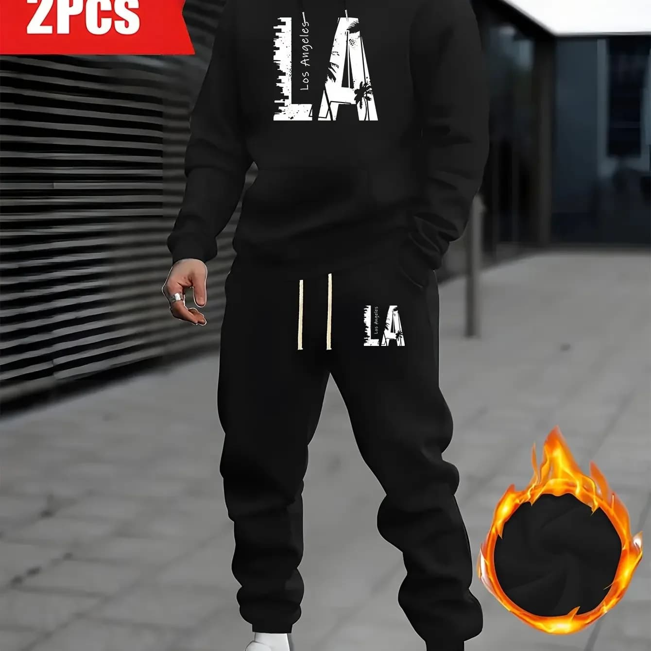 2026 la letter printed sportswear set men's hooded sweatshirt long pants set spring and autumn winter warm suit