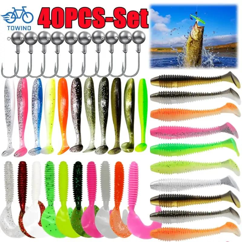 40/20/15PCS Esche da pesca morbide Kit Set di esche in silicone Verme esca artificiale con manovella Jig Head Ganci Attrezzatura da pesca Accessori