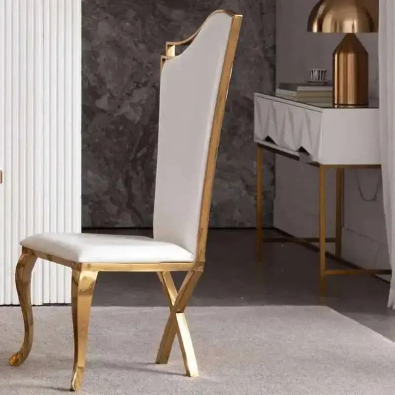 Sedie da Pranzo in Acciaio Stile Nordico di Lusso, Schienale Alto, Sedia in Pelle e Acciaio Inox, Arredamento Sala da Pranzo, Sedia Decorativa con Gambe Dorate