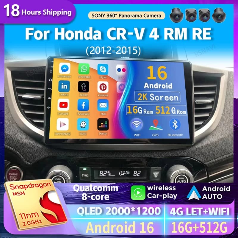 Android 15 wifi + 4G Carplay BT AUTO Autoradio Per Honda CRV CR-V 4 RM RE 2012-2015 Navigazione GPS Lettore Video Stereo Multimediale