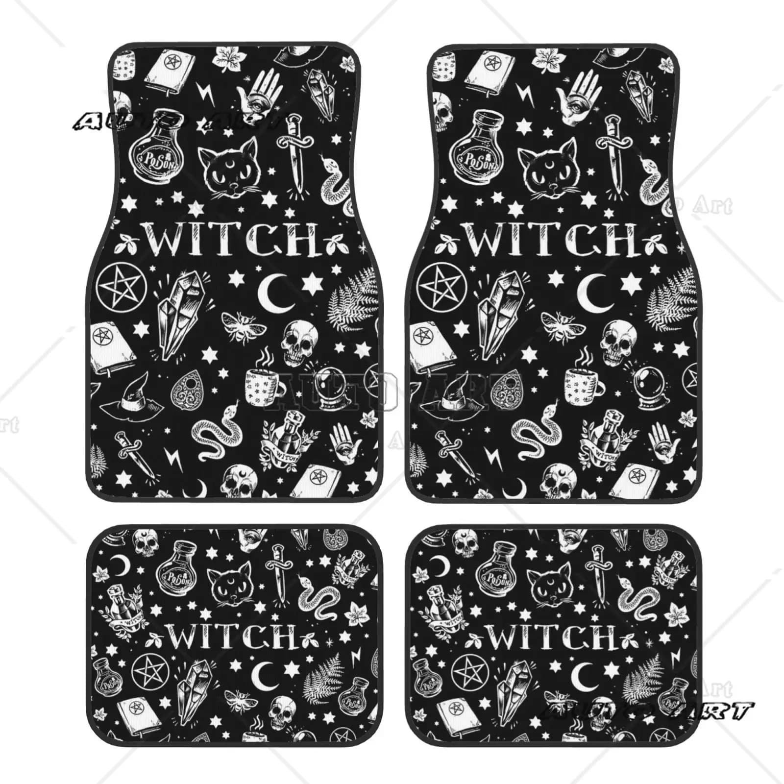 Set di tappetini per auto stampati a tema strega gatto nero di Halloween di 4 pezzi Accessorio interno di tipo universale facile da pulire