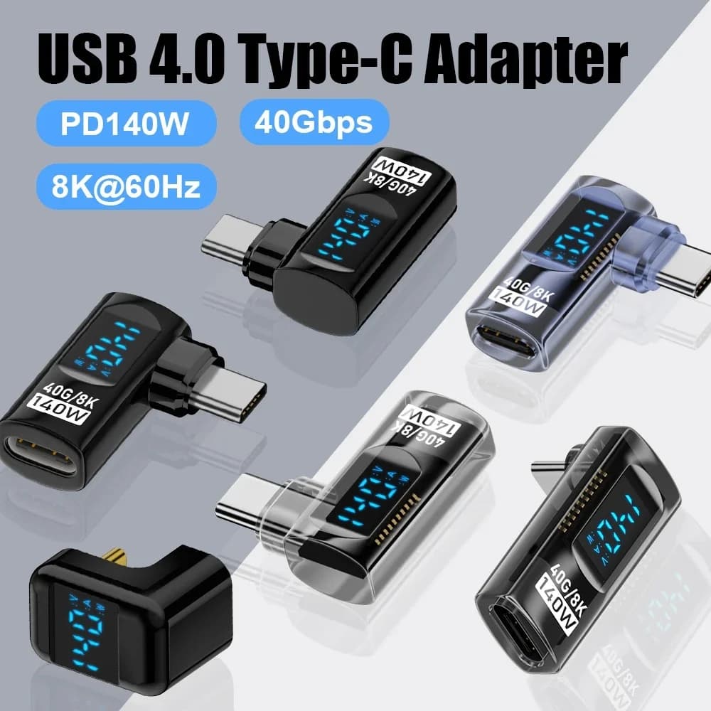 Adattatore USB C a 90 gradi ad angolo retto a forma di U, adattatore di tipo C da 40 Gbps con display LED, PD 140W, USB 4.0, video 8K per Thunderbolt 3/4