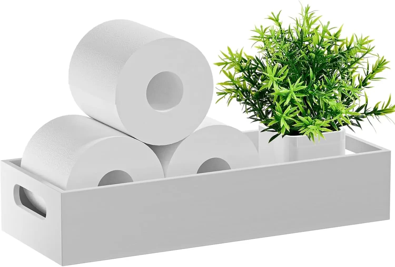 Bamboo Toilet Paper Holder with Handle, Bathroom Tray Storage for Tank, White