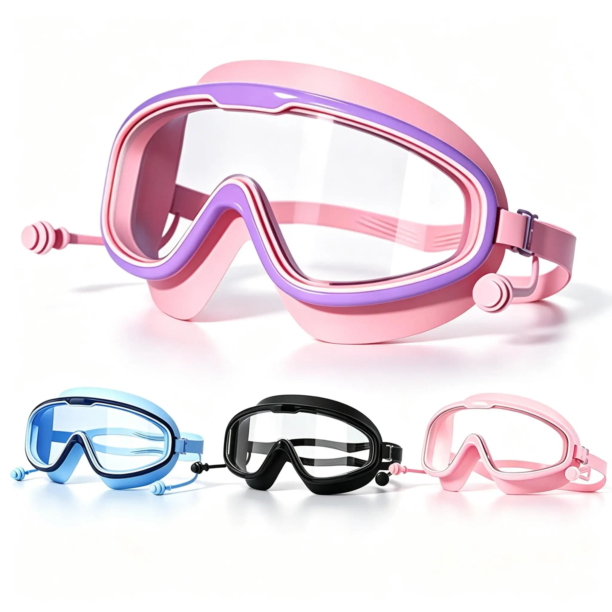 Kids Wide View Swim Goggles High‑Elastic Soft Strap,Pink Blue & More Colors Optional for Training Seaside Camping