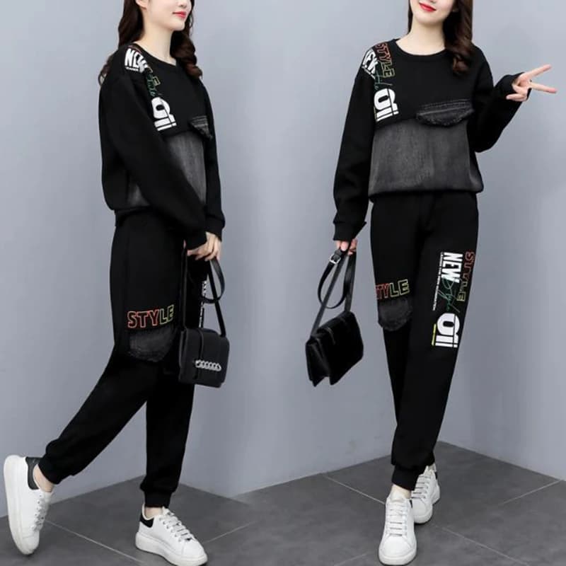 Set da due pezzi alla moda allentata da donna Primavera e autunno Nuovo set di felpe e jeans stampati casual alla moda comoda