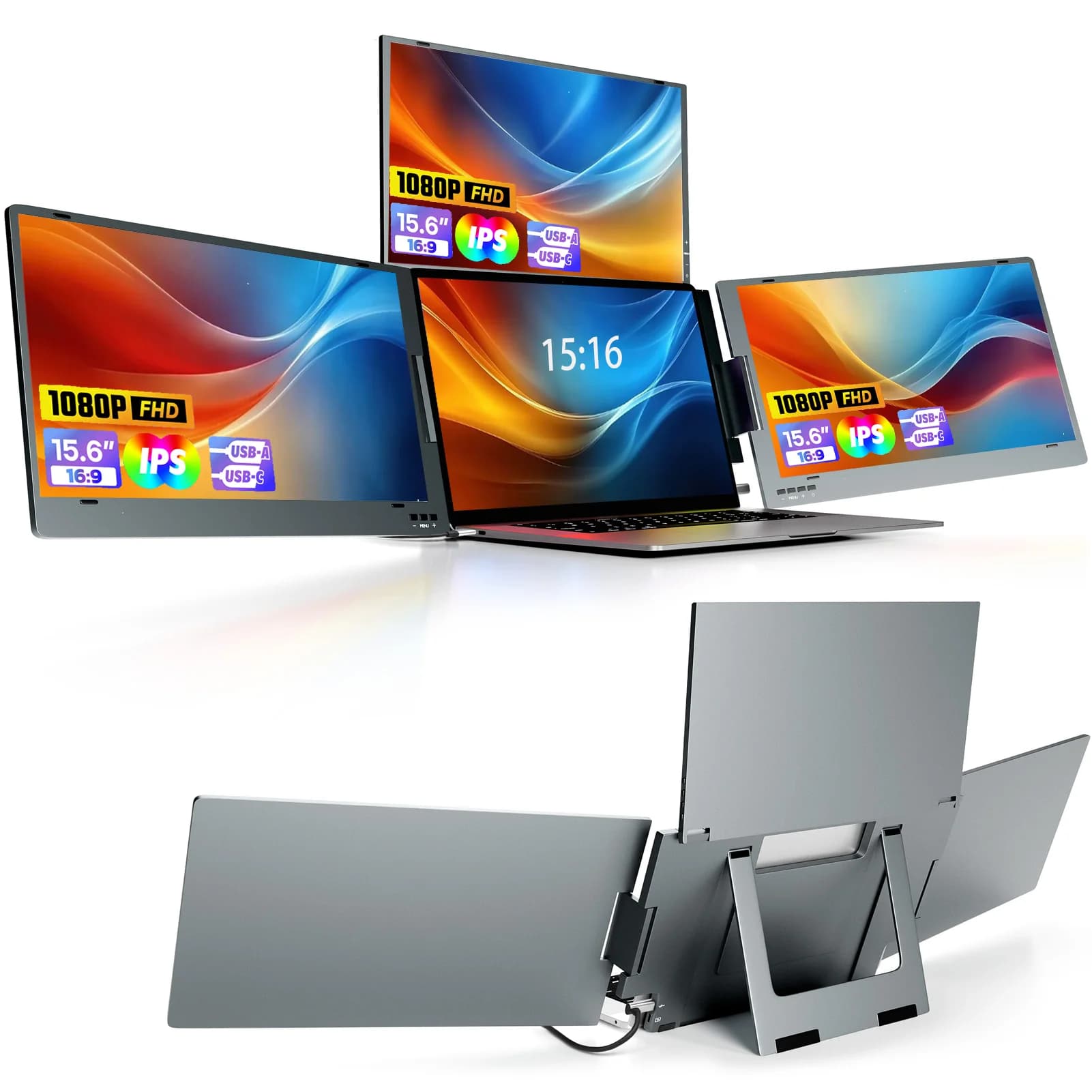 Monitor extender per laptop a triplo schermo da 15,6", display USB-C portatile per MacBook, PC, giochi, multitasking, produttività aziendale