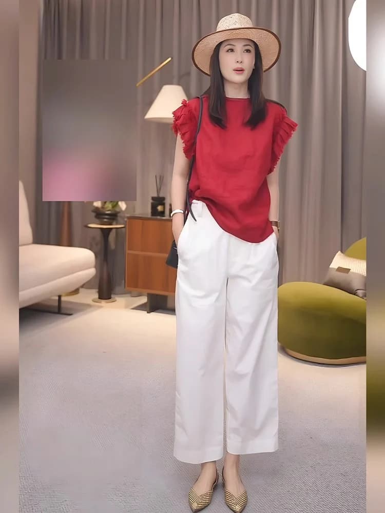 Red Short Sleeve Top And Wide Leg Pants Women's Fashionable Summer Outfit Two Piece Set Age Defying Trendy Casual Sportswear