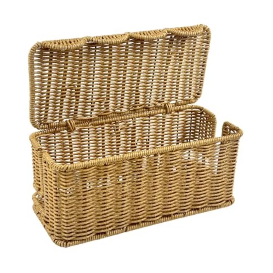 Scatola Portacavi Artigianale con Bordo Ondulato, Elegante Organizzatore Cavi in Plastica Effetto Rattan, 2 Scomparti Aperti, Robusta Scatola Nascondi-Cavi Sotto Scrivania