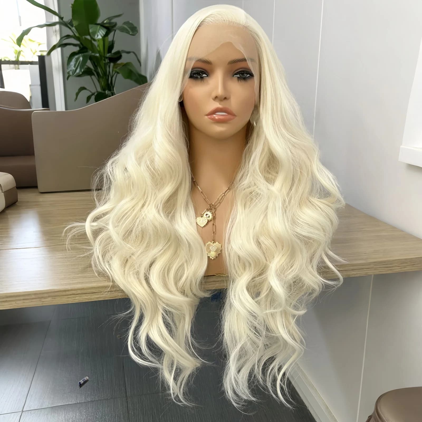 Platinum Blonde Body Wave Synthetic Wig Free Part 60 White Blonde Long Curly Wavy Loose Deep Wave 13X4 Lace Front Party Cosplay