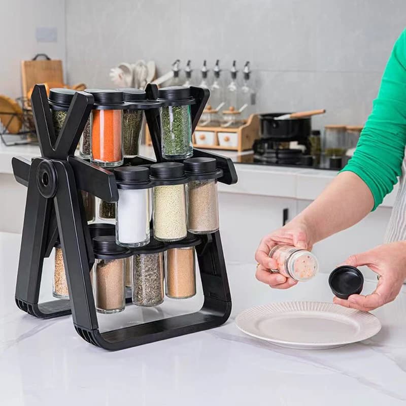 Set di portaspezie rotante in vetro per cucina, organizer per la conservazione dei condimenti, salvaspazio trasparente per dispensa o armadio