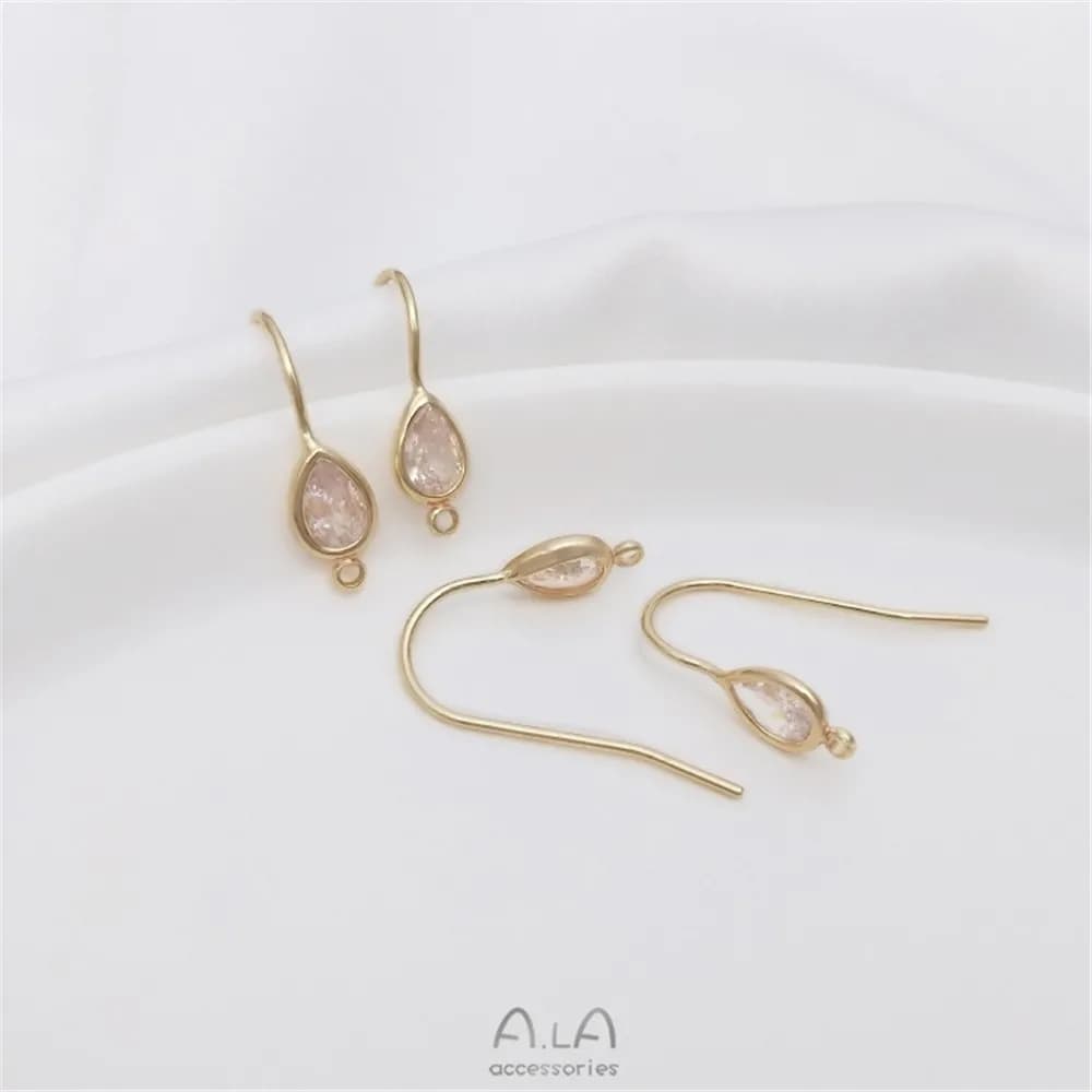 14K Gold Plated Water Drop & Oval Zircon Ear Hooks with Ring, DIY Earring Making Accessories