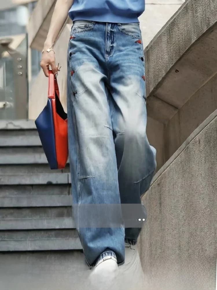 Blue High Waist Wide Leg Loose Jeans Women's Casual Straight Cut Pants Commute Style Pure Color Korean Fashion