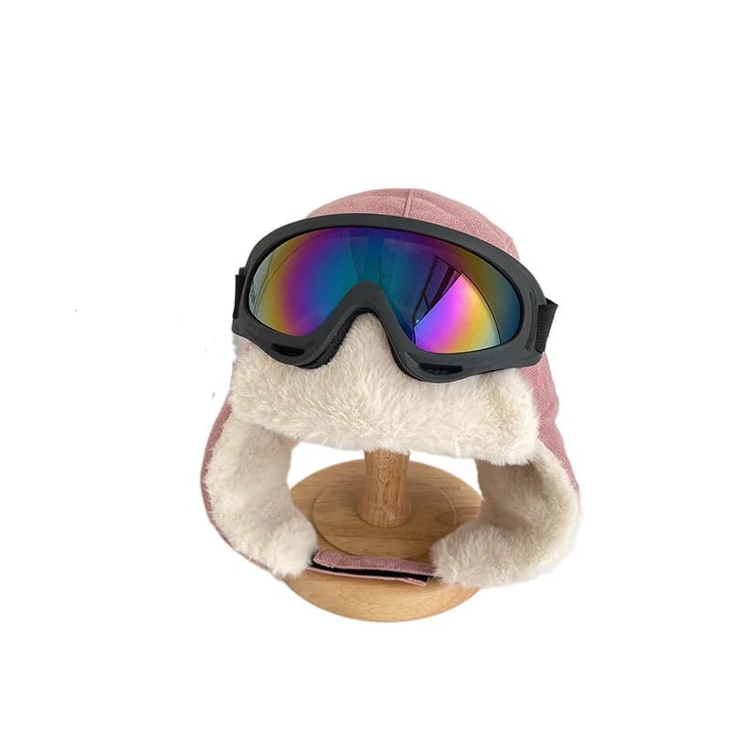 Berretto da sci caldo alla moda con occhiali Occhiali carini Cappello da pilota in peluche Paraorecchie morbido Cappelli di protezione per le orecchie invernali