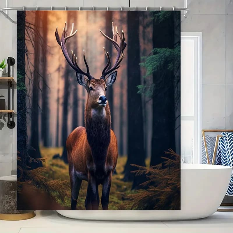 Tenda da doccia alce foresta Tessuto stampato ad alta definizione Decorazione da bagno impermeabile per la decorazione domestica