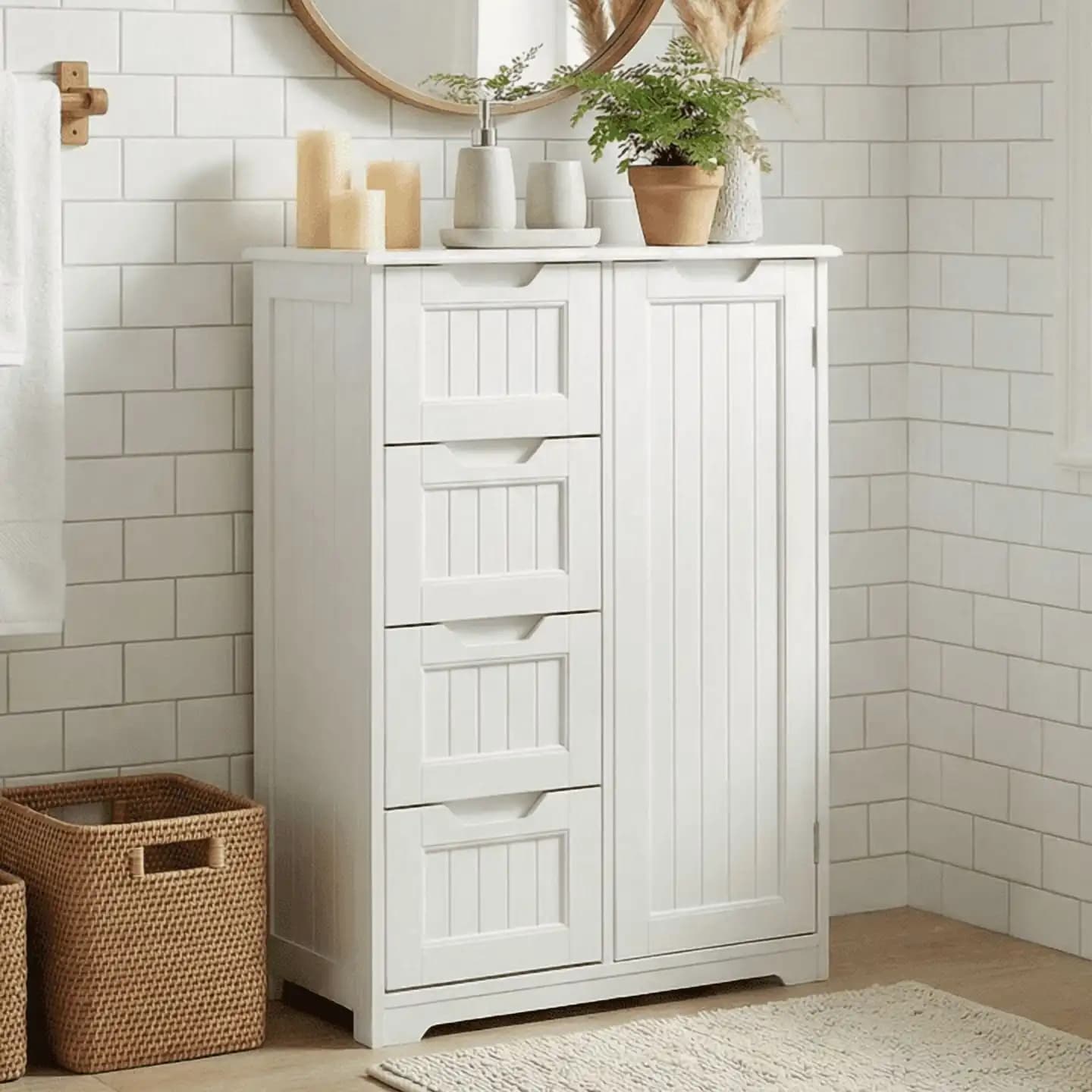 33.5"H Wooden Bathroom Storage Cabinet 4 Drawers with Cupboard and Adjustable Dividers White