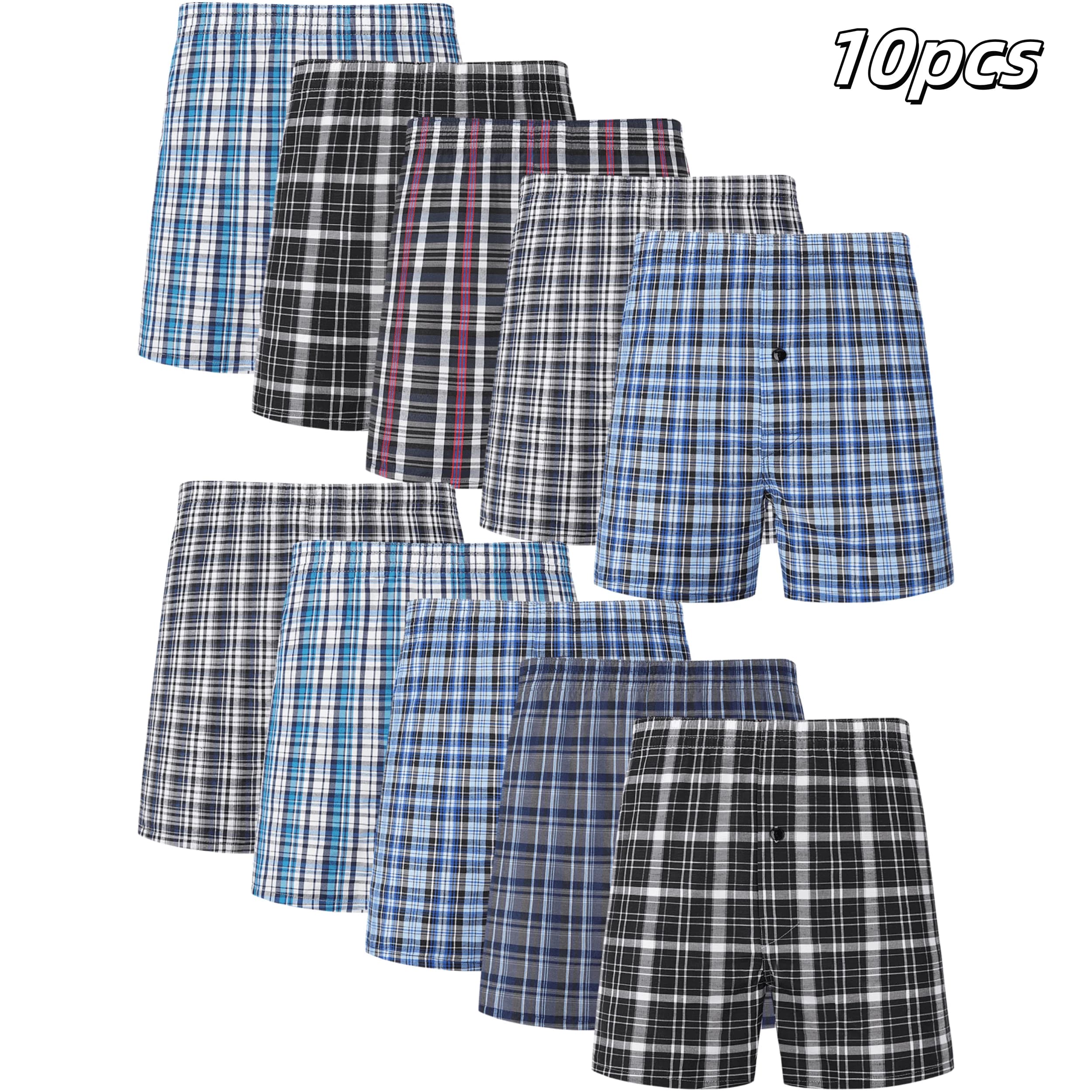 JupiterSecret 10pcs Men's Underwear Fashion Checkered Woven Boxer Shorts Elastic Waistband and Button Male Briefs Random Color