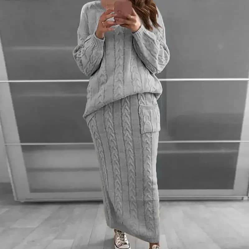 Maglione da donna Set autunno e inverno Set da due pezzi Top da donna in maglione lavorato a maglia con scollo a O e gonna in maglia Set abito caldo casual solido