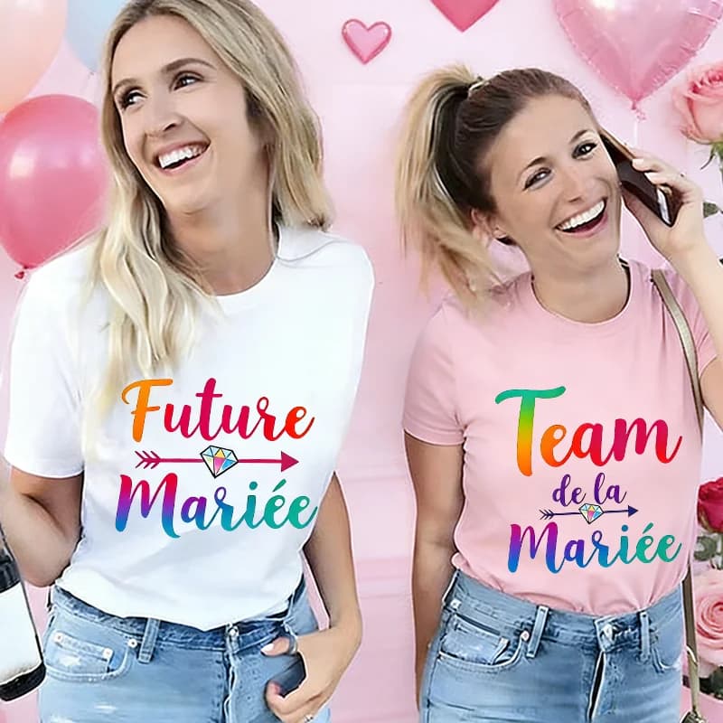 T-shirt per addio al nubilato francese EVJF, stampa arcobaleno con freccia e diamante, manica corta, per la futura sposa e il party nuziale